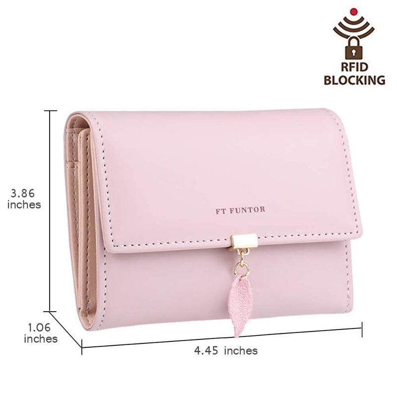 FT FUNTOR RFID Wallets for Women, Leaf Card Holder Trifold Ladies Wallets Coins Zipper Pocket with ID Window Pink - Image 5